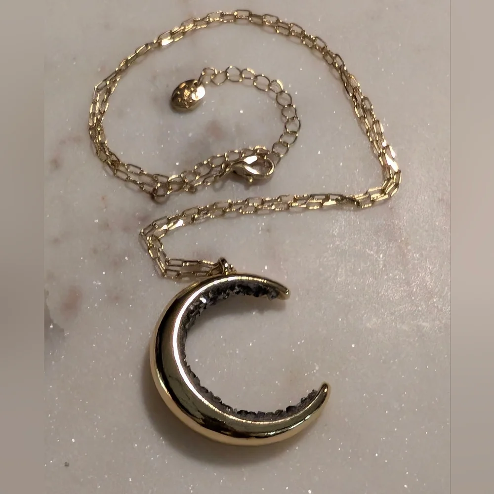 Crescent Moon Necklace, Gold Tone and Crystals - Picture 2 of 8